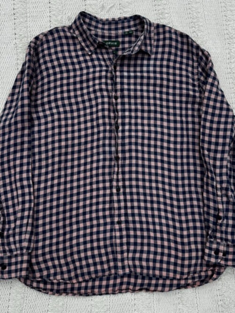 Orvis Active Fit Button Up Shirt Linen Tencel Plaid Long Sleeve Men's Size XL